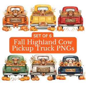 Könnte beinhalten: Set aus sechs PNG-Bildern mit Aquarellillustrationen von Oldtimer-Pick-ups. Jeder Truck hat eine andere Farbe und ist für den Herbst mit Kürbissen, Sonnenblumen und einer Highland-Kuh dekoriert. Der Text "Pumpkin Patch" und "Fall" sind sichtbar.