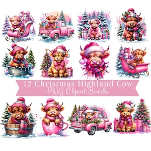 Christmas Highland Cow Png Bundle, Christmas PNG, Set of 20 Baby Highland Cow Png, Cute Christmas Cows, Christmas Clipart, Highland Cow Png