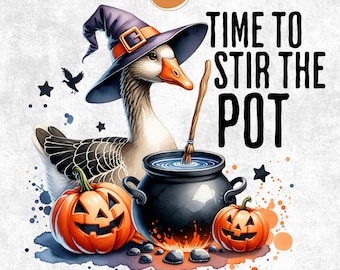 Halloween PNG, Time To Stir The Pot, Funny Goose PNG, Retro Halloween, Spooky Season, Funny Halloween Witch, Silly Goose On The Loose
