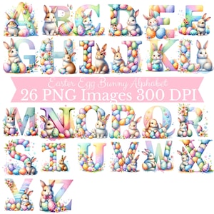 Könnte beinhalten: Ein Aquarell-Alphabet-Set mit Hasen und Ostereiern. Jeder Buchstabe ist mit bunten Eiern und Blumen verziert, wobei sich neben jedem Buchstaben ein Hase befindet. Das Bild enthält den Text "Easter Egg Bunny Alphabet 26 PNG Images 300 DPI".