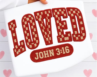 Christian Valentines png, Loved John 3:16, namaakgehaakt garen png, retro Valentijn Valentijnsdag png, bijbelvers png, geruite varsity png