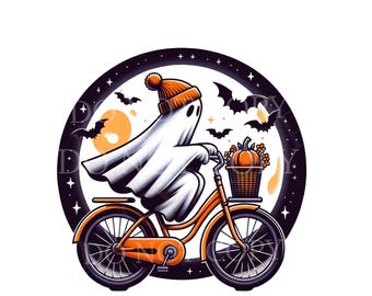 Cute ghost on bike png, boho halloween png, spooky bicycle png, trendy halloween sublimation, autumn png, halloween shirt, spooky season png