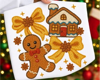 Coquette Christmas Gingerbread PNG, Faux Crochet Coquette Gingerbread PNG, Faux Yarn Coquette Christmas Sublimation Design, Digital Download