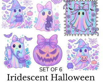 Iridescent Ghost PNG, Set of 6 Bundle, Coquette Halloween Design, Halloween PNG, Girly Halloween Png, Cute Ghost Png, Pumpkin Png