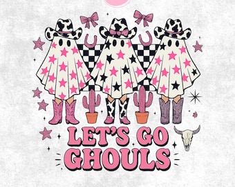 Let's Go Ghouls Cowgirl Cute Ghost Png, Pink Halloween Western Png, Girly Halloween Coquette Checkered Png, Cute Rodeo Ghoul Squad Shirt Png