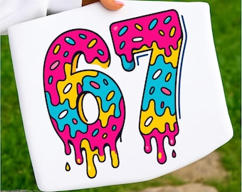 67 PNG, Sechs Sieben Trend, lustige tropfende Donut Sechs Sieben Trend, lustige Viral Zahl PNG SVG, Retro Gen Z 6 7