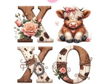 Mucca delle Highlands per San Valentino in formato PNG, Sacchetto regalo per San Valentino in formato PNG, Clipart XOXO, Mucca delle Highlands ad acquerello, Mucca delle Highlands carina, Impronta di mucca leopardata