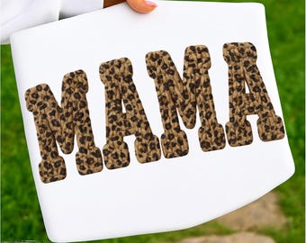 Mama PNG, Knüpfhakengarn Faux Style, Gemütliche Leoparden gestrickte Buchstaben, handgefertigtes getuftetes Sublimationsdesign, trendiges Mom Shirt PNG