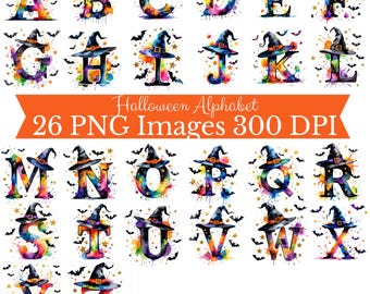 Halloween alfabetet PNG-paket, Halloween bus-or-godis-väska PNG, häxa Halloween clipart digital nedladdning, barn Halloween-t-shirt