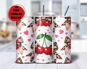 Envoltura para vaso de cereza y guepardo, diseño de sublimación para vaso delgado Coquette de 20 oz con estampado de leopardo, descarga digital PNG de Coquette Cherry
