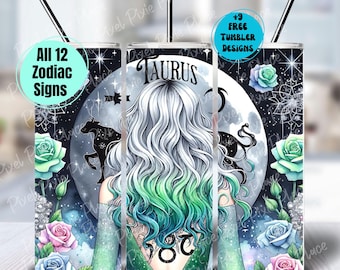 12 Zodiac Tumbler Wrap PNG Bundle, Taurus Celestial Design, Astrology Signs 20oz Skinny Tumbler Sublimation Design, PNG Digital Download