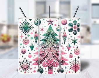 Christmas Tree Png, Christmas Tumbler Wrap, Holiday Xmas 20 oz skinny tumbler, Skinny Tumbler Sublimation Design, Pink Christmas Tree PNG