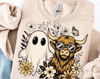 Bloemen herfst Highland Cow Ghost png, boho pompoen coquette png, vintage halloween shirt design, retro herfstbloemen png, spookachtig seizoen png