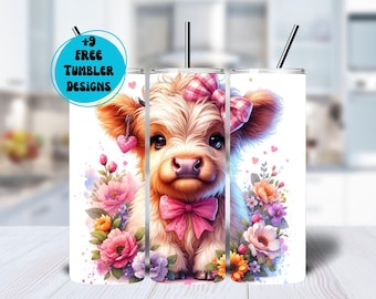 Highland Cow 20oz Tumbler Wrap PNG, Sublimation Tumbler, Cow Tumbler Wrap, Sublimation Download, Digital Download Png, Floral Tumbler Png