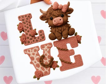 Highland Cow Valentines Day PNG, LOVE Png, Faux Crochet PNG, Faux Yarn Png, Highland Cow Valentine Western, Valentine Cowgirl Png