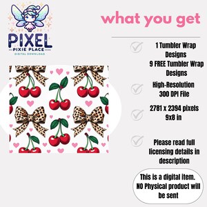 May include: Digital download graphic with a repeating pattern of red cherries, leopard print bows, and pink hearts on a white background. The image includes text: "PIXEL...PIXIE PLACE...DIGITAL DOWNLOAD" and "what you get".