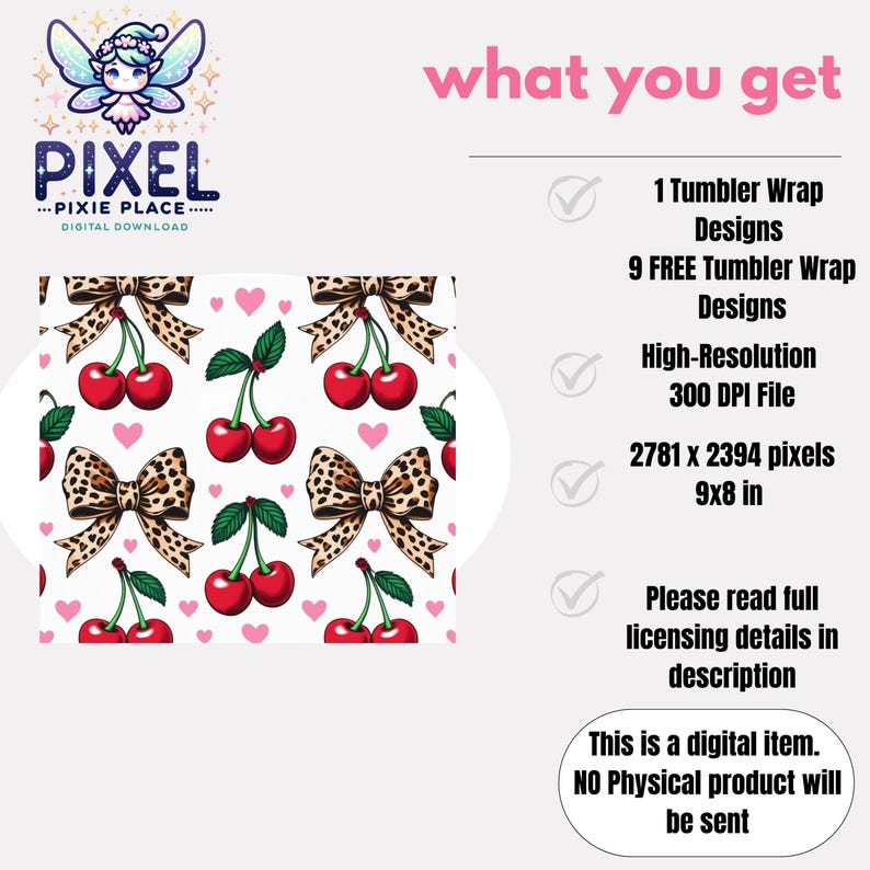 May include: Digital download graphic with a repeating pattern of red cherries, leopard print bows, and pink hearts on a white background. The image includes text: "PIXEL...PIXIE PLACE...DIGITAL DOWNLOAD" and "what you get".