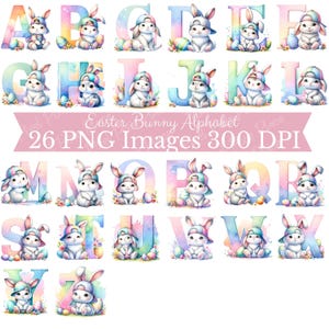Letras del alfabeto de conejito de Pascua PNG, descarga digital de imágenes prediseñadas de conejito de Pascua, paquete de canastas de Pascua PNG, feliz Pascua PNG, uso comercial