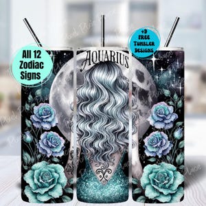 Ensemble de 12 gobelets du zodiaque Wrap PNG, design céleste Verseau, signes astrologiques 20 oz design en sublimation gobelet maigre, téléchargement numérique PNG