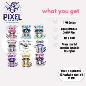 May include: Digital download of eight watercolor raccoon PNGs. Each raccoon wears sunglasses and a bow, holding a cup. Text includes "Cute But Feral" and "Set of 8 Raccoon PNGs Clipart". The image also states "This is a digital item. NO Physical product will be sent."