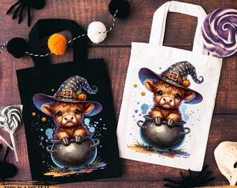 Cute Highland Cow Halloween Png, Halloween png, Witch Spooky Season, Cute Cow Clipart, Halloween Sticker, Kids Halloween Clipart