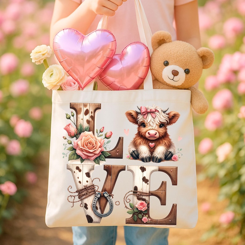Pu&ograve; includere: Una borsa tote color crema con la scritta "LOVE", un'illustrazione di mucca marrone e bianca e dettagli floreali. La borsa contiene palloncini rosa a forma di cuore, fiori e un orsacchiotto.