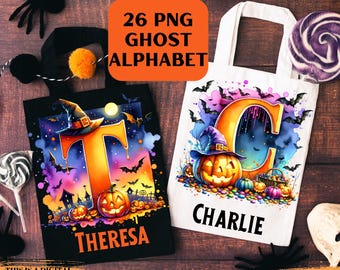 Halloween-alfabetet PNG-paket, Halloween-bus-or-godis-väska PNG, spök-Halloween-clipart digital nedladdning, Halloween-t-shirt för barn