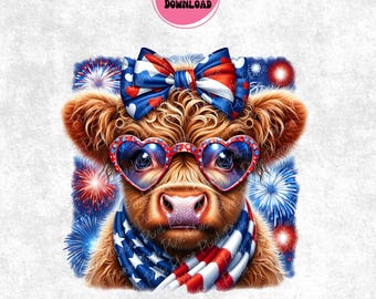 July 4th Highland Cow PNG SVG, Merica Funny Cute Baby Cow Fourth Of July Sublimation Design, Trendy America USA Popular, Digital Download