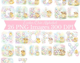 Easter Basket Chic Alphabet PNG Clipart Bundle, Easter Bunny Chic Name Initials PNG Bundle, Happy Easter PNG Doodle Letters Digital Download