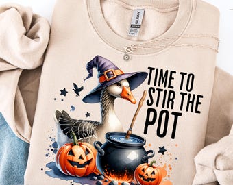 Halloween PNG, Time To Stir The Pot, Funny Goose PNG, Retro Halloween, Spooky Season, Funny Halloween Witch, Silly Goose On The Loose