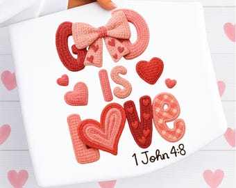 Christelijke Valentijnsdag png, God is liefde, namaakgehaakt garen png, coquette Valentine png, bijbelvers png, 1 Johannes 4:8