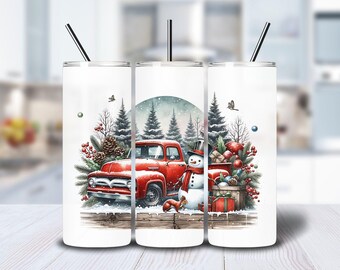 Snowman Tumbler Wrap PNG, Holiday 20oz Skinny Wrap, Christmas Pickup Truck Png, Xmas Sublimation Design, Digital Download, Trendy