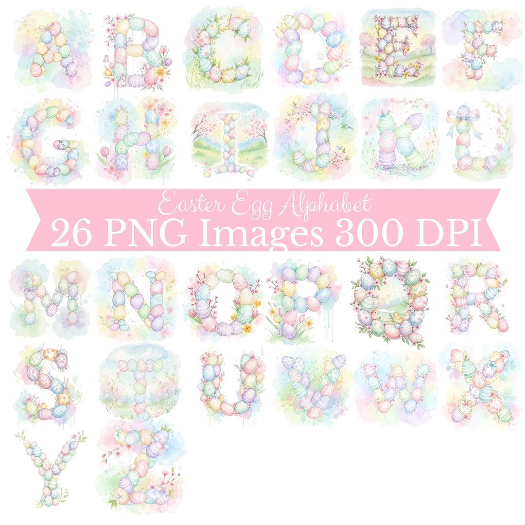 Easter Egg Alphabet Letters PNG Bundle, Easter Bunny Clipart Digital ...