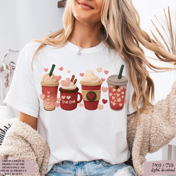 Valentines Day PNG, Faux Crochet Png, Faux Yarn Png, Coffee Latte PNG, Sublimation Design Digital Download