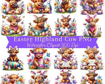 Ostern Highland Kuh PNG Bundle, Osterhase Clipart Digitaler Download, Osterkorb PNG, Süße Kuh Ostern Png, Sublimation Design Bundle PNG