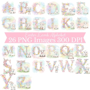 Peut inclure: Un ensemble de 26 images PNG représentant l'alphabet, chaque lettre ornée de fleurs aux couleurs pastel et d'un adorable agneau. Les lettres sont posées sur un fond doux, de style aquarelle. Le texte "Easter Lamb Alphabet" est affiché.