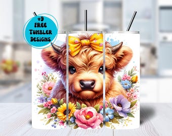 Highland Cow 20oz Tumbler Wrap PNG, Sublimation Tumbler, Cow Tumbler Wrap, Sublimation Download, Digital Download Png, Floral Tumbler Png
