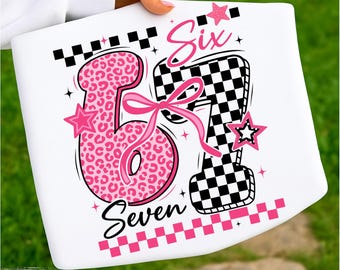 67 PNG, Camiseta Meme, Tendência Seis Sete, Xadrez Retrô Estampa de Leopardo Rosa Seis Sete, Número Viral Engraçado PNG SVG, Retrô Geração Z 6 7