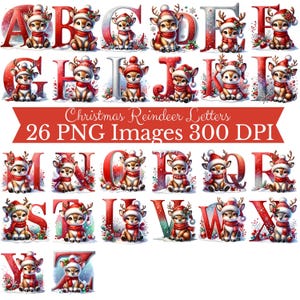 Peut inclure: Ensemble de 26 images PNG de lettres de Noël avec des rennes. Chaque lettre est ornée d'un renne portant un bonnet et une écharpe de Père Noël, entouré d'éléments hivernaux festifs. Les lettres sont rouges et blanches avec un effet aquarelle.