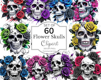 Paquete de 60 imágenes prediseñadas de calaveras florales (sublimación PNG), diseño digital de imágenes prediseñadas de flores y esqueletos, descarga digital de calaveras florales, calaveras florales PNG