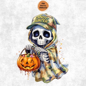 May include: A watercolor illustration of a skeleton wearing a camouflage cap and hooded cloak, holding an orange jack-o'-lantern filled with candy. The cap reads "CANDY HUNTER". A PNG digital download is available.