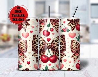 Envoltura para vaso de cereza y guepardo, diseño de sublimación para vaso delgado Coquette de 20 oz con estampado de leopardo, descarga digital PNG de Coquette Cherry