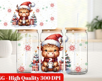 Cute Highland Cow Christmas Glass Can PNG, Highland Cow Sublimation Design, UV Dtf Cup Wrap, 16oz Libbey Trendy Design Heifer Cow DTF