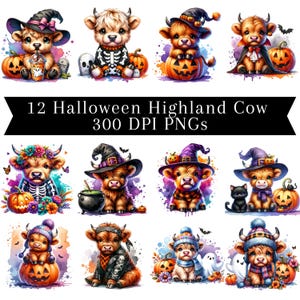 May include: A collection of 12 watercolor PNG images featuring Highland cows in Halloween costumes. Each cow is depicted with pumpkins, witch hats, and other spooky accessories. The text "12 Halloween Highland Cow 300 DPI PNGs" is displayed.