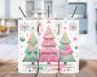 Christmas Tree Png, Christmas Tumbler Wrap, Holiday Xmas 20 oz skinny tumbler, Skinny Tumbler Sublimation Design, Pink Christmas Tree PNG