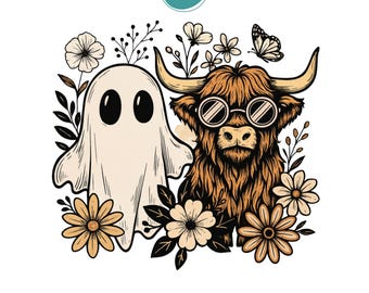 Bloemen herfst Highland Cow Ghost png, boho pompoen coquette png, vintage halloween shirt design, retro herfstbloemen png, spookachtig seizoen png