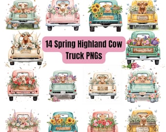 Spring Highland Cow PNG Bundle, Highland Cow Clipart, Happy Highland Cow Baby Cow, Cow Lover Digital Download, Old American Pickup Truck Png