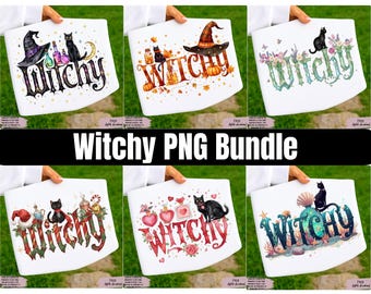 Wunderliches Witchy Clipart Png-Bundle, Halloween Witchy Vibes, DTF DTG Illustration, digitaler Download, Sublimationsdesign, schwarze Katze Png
