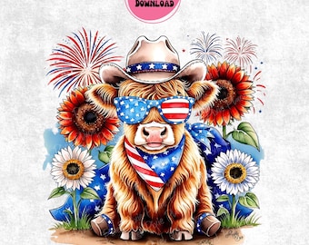 July 4th Highland Cow PNG SVG, Merica Funny Cute Baby Cow Fourth Of July Sublimation Design, Trendy America USA Popular, Digital Download
