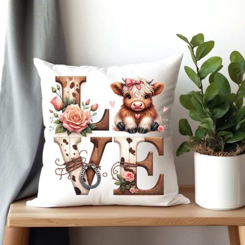 Mucca delle Highlands per San Valentino in formato PNG, Sacchetto regalo per San Valentino in formato PNG, Clipart d'amore, Mucca delle Highlands ad acquerello, Mucca delle Highlands carina, Impronta di mucca leopardata immagine 2